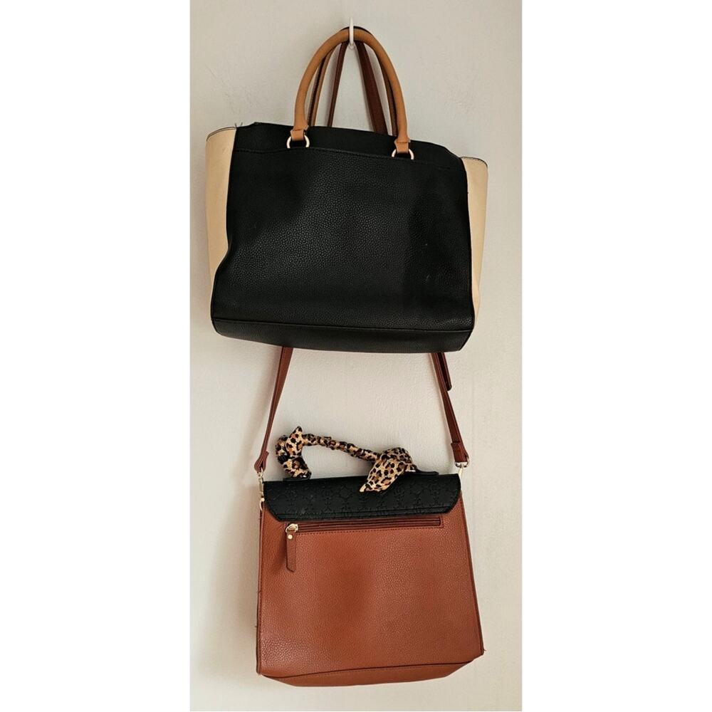 2-Nanette Lepore Bags 1-Crossbody 1-Satchel Tan Black Cream w/ Leopard Feature - Picture 2 of 11